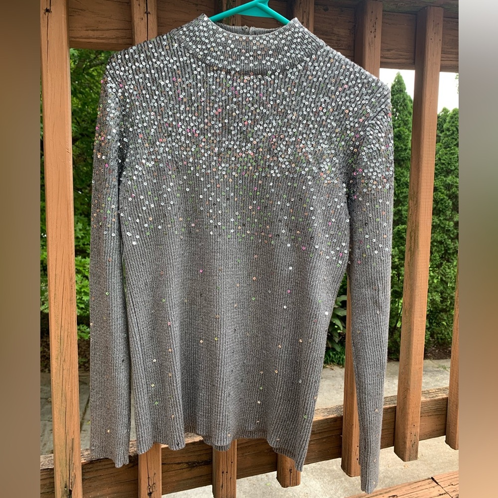 ONCE 1 AGAIN sequin gray ribbed sweater long sleeve w/ 1/4 length zipper in back